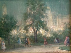 "Central Park Nocturne" Impressionist Oil Painting Figures in Central Park NYC