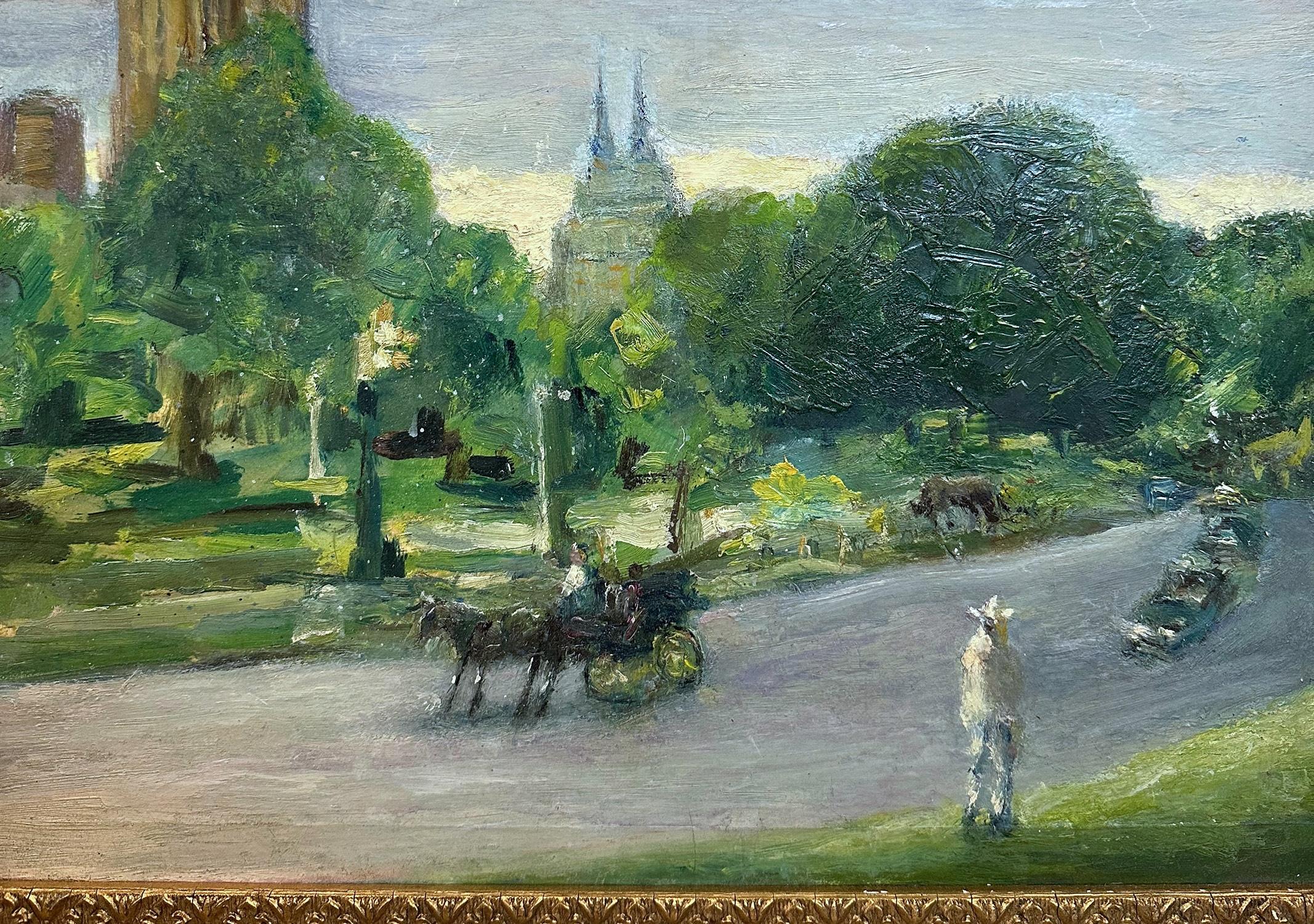 A jewel and pertinent example of Nathan Hoffman's charming New York City scenes. Here we find a Central Park pathway and the Manhattan buildings depicted in the far background with pops of colors shinning through the lights and magic of the city.