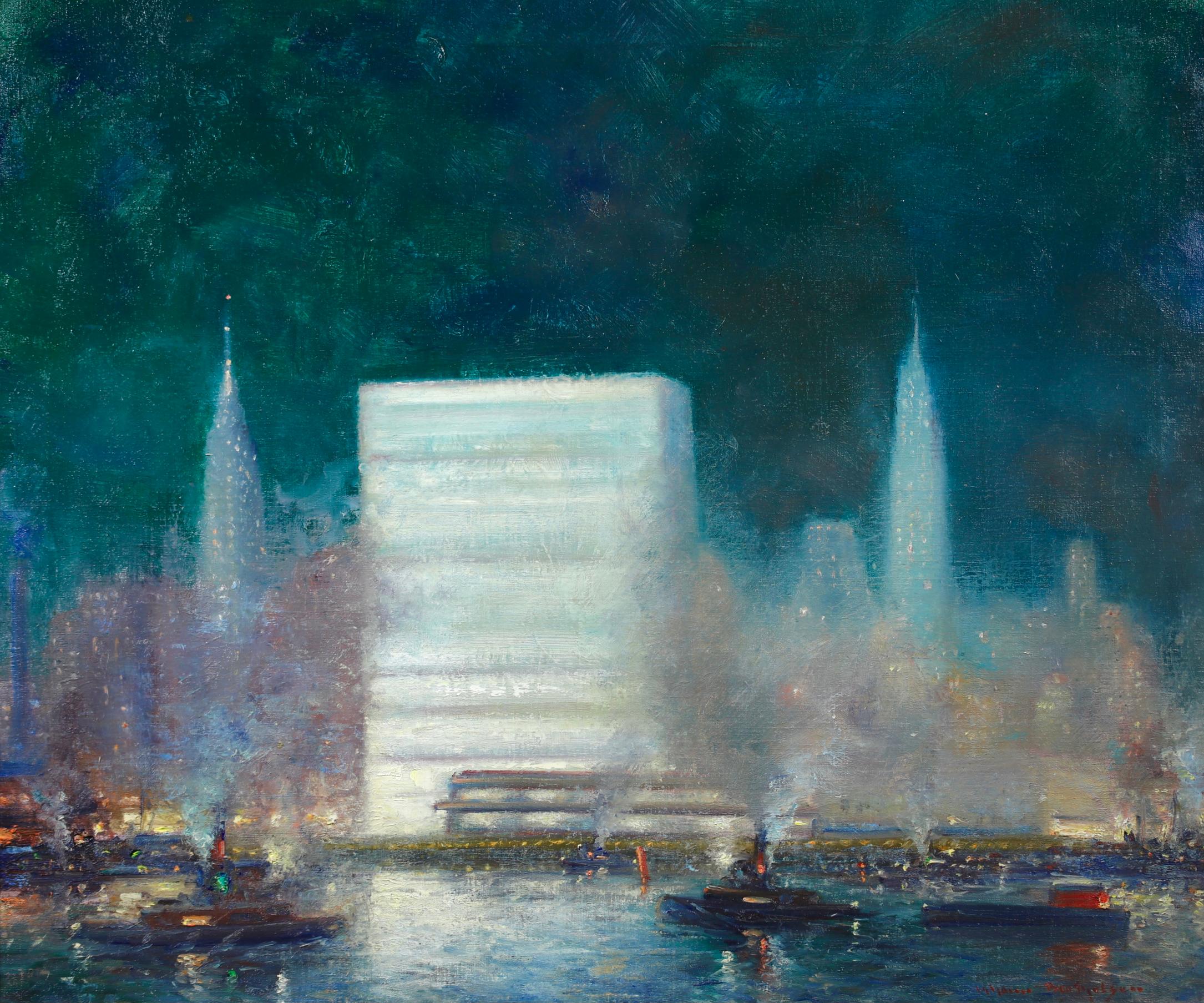 Abend - New York - Impressionistische Landschaft, Ölgemälde von Johann Berthelsen im Angebot 1