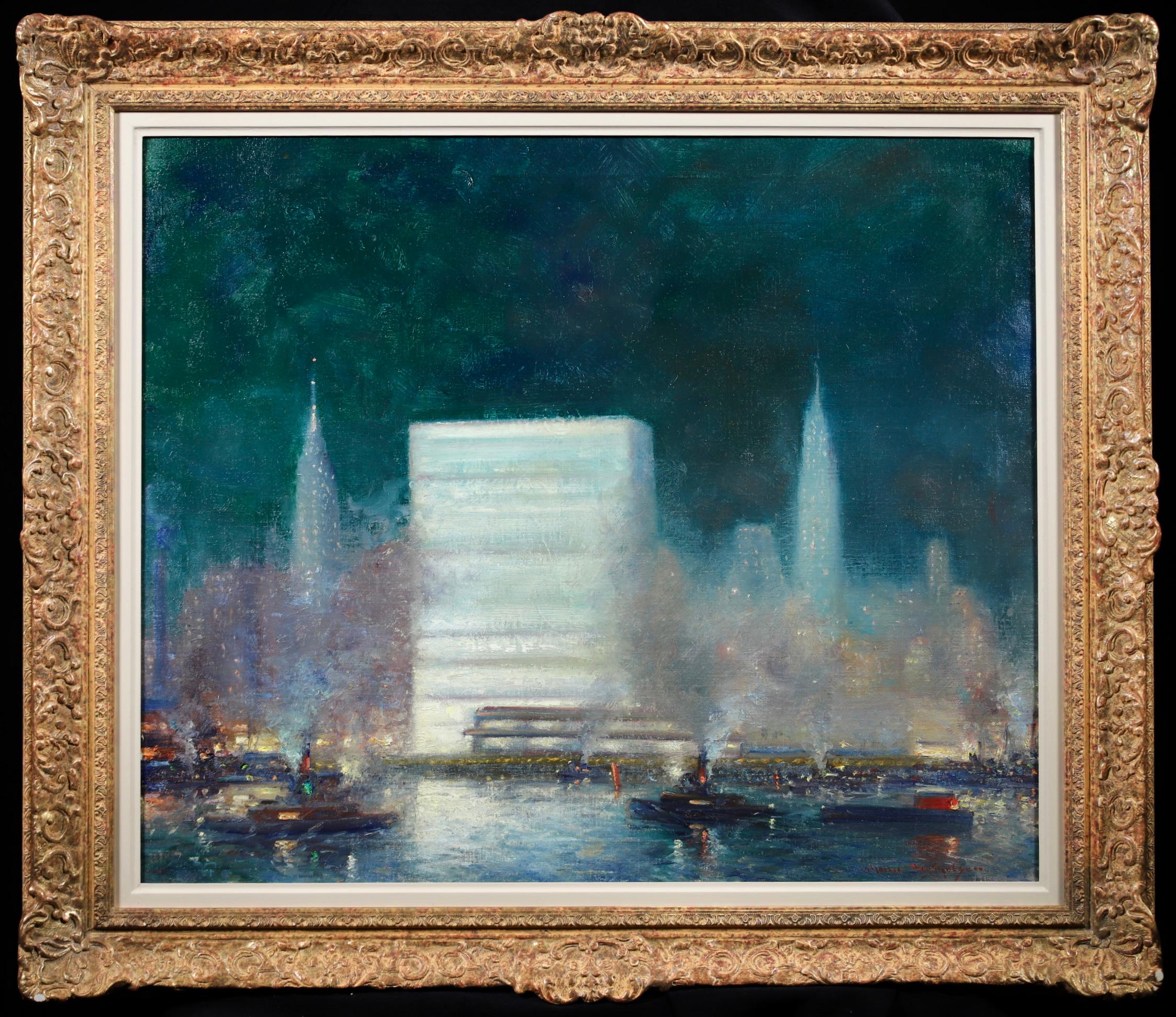 Stunning oil on canvas circa 1955 by American impressionist painter Johann Henrik Carl Berthelsen. The piece depicts a view of the illuminated waterfront buildings from the East River in New York - specifically the then newly completed United