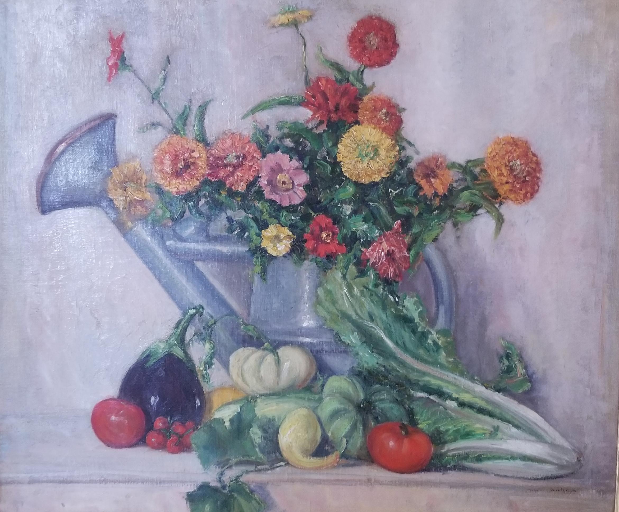 Arrangement de table à fleurs et à légumes - Gris Still-Life Painting par Johann Berthelsen