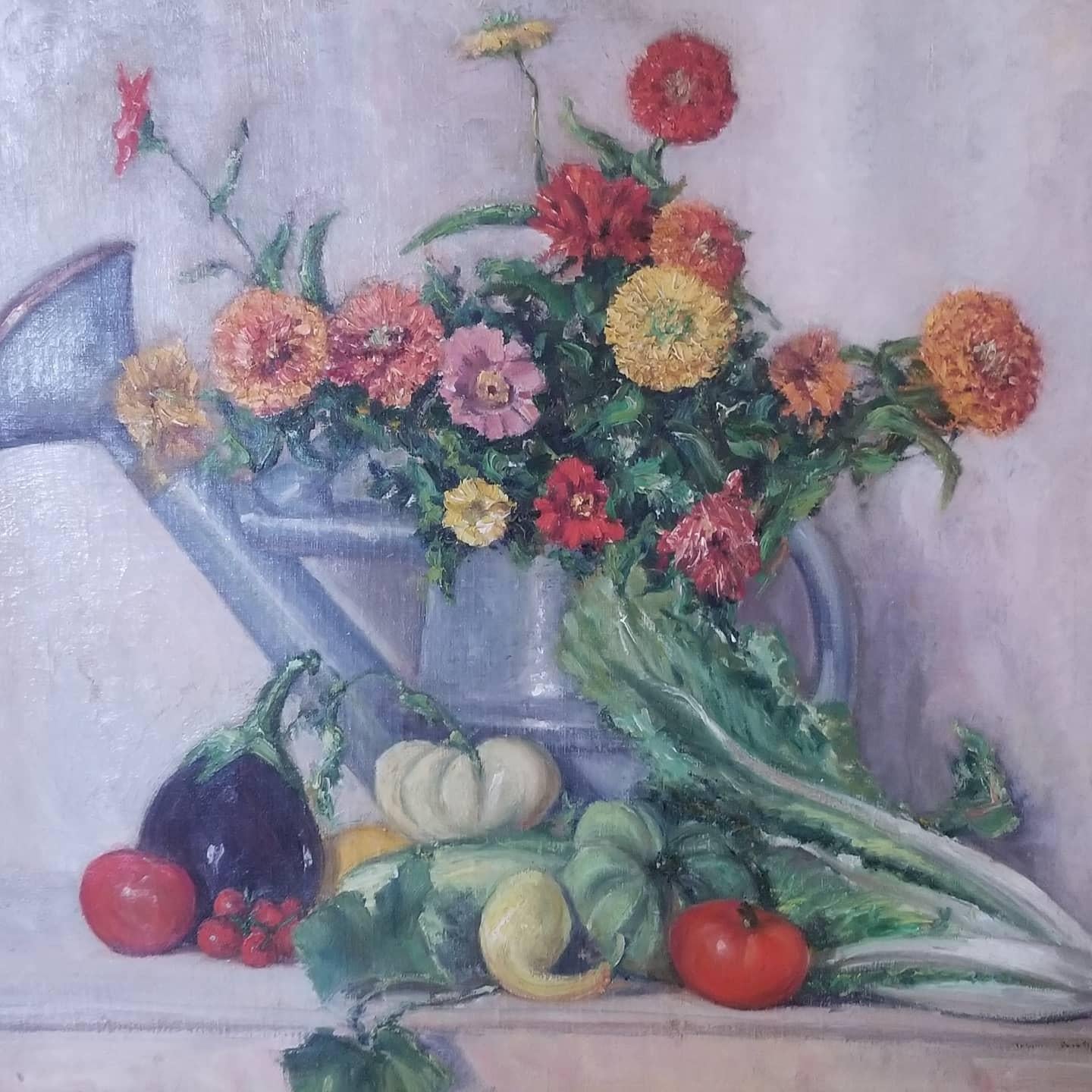 Still-Life Painting Johann Berthelsen - Arrangement de table à fleurs et à légumes