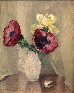 "Flowers in a White Vase" Still Life Impressionist Oil Painting on Canvas Board