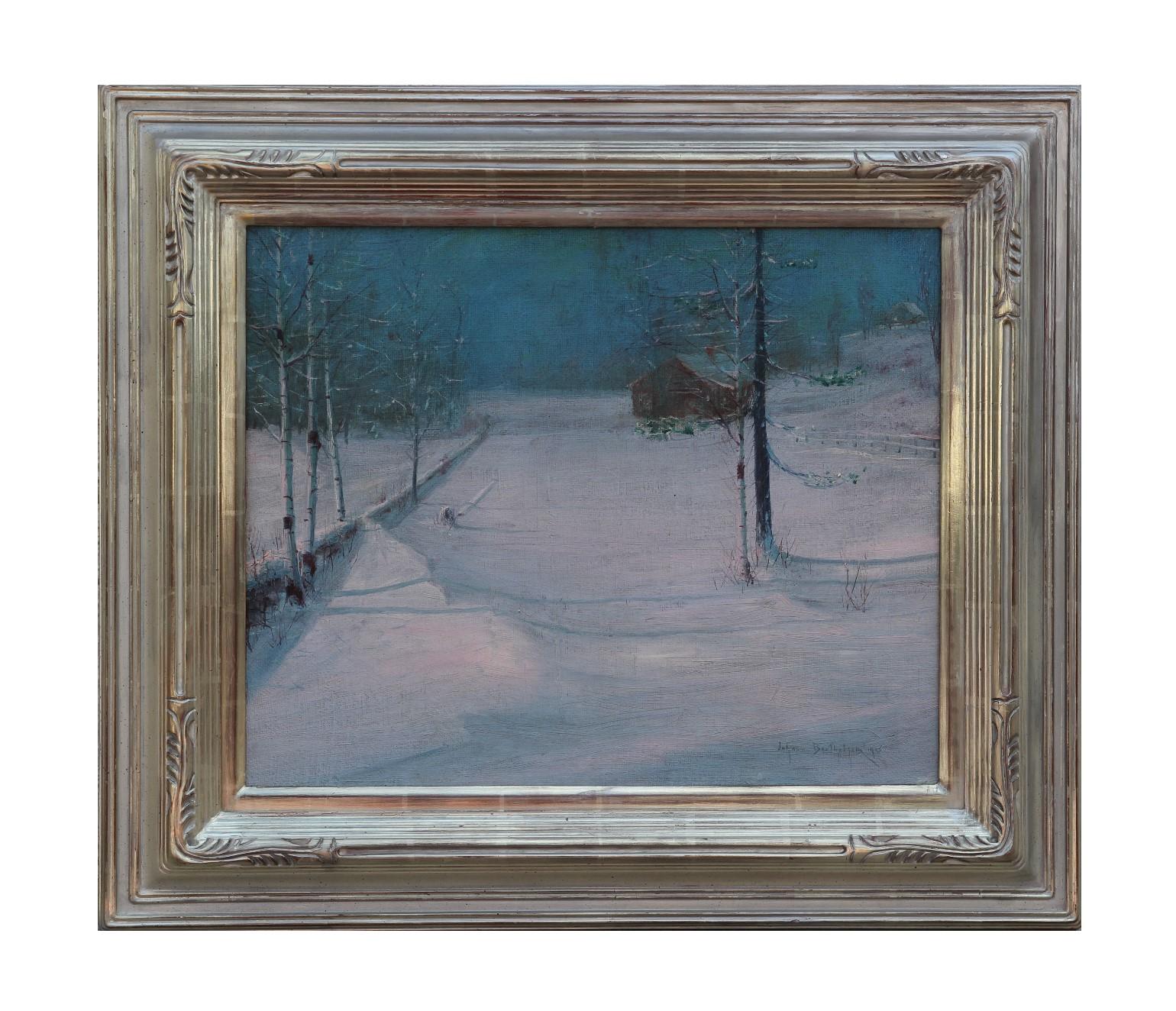 Winter landscape painting with a barn and bare trees. The work is framed in a hand made the frame. it is signed by the artist in the bottom right corner. 1 of 3 paintings known in existence in this style by the artist.
Dimensions without Frame: H