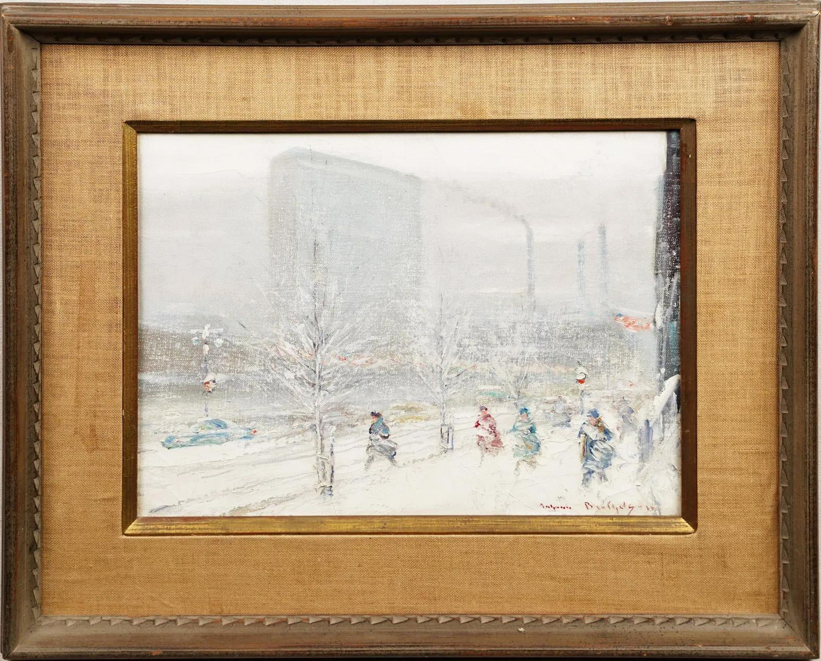 Johann Berthelsen Firmato Edificio ONU Impressionista invernale Scena di strada di New York in vendita 1
