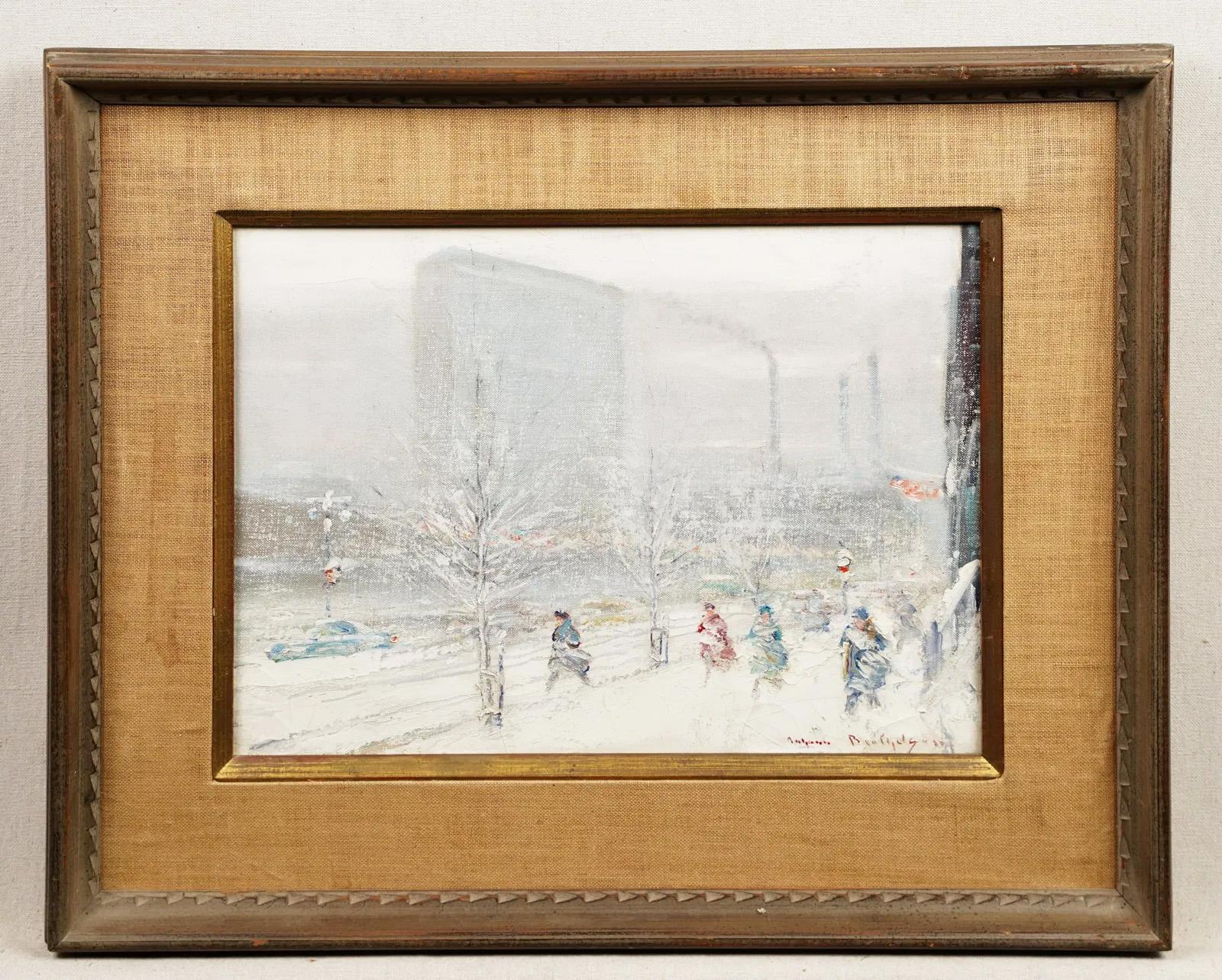 Johann Berthelsen Firmato Edificio ONU Impressionista invernale Scena di strada di New York in vendita 2
