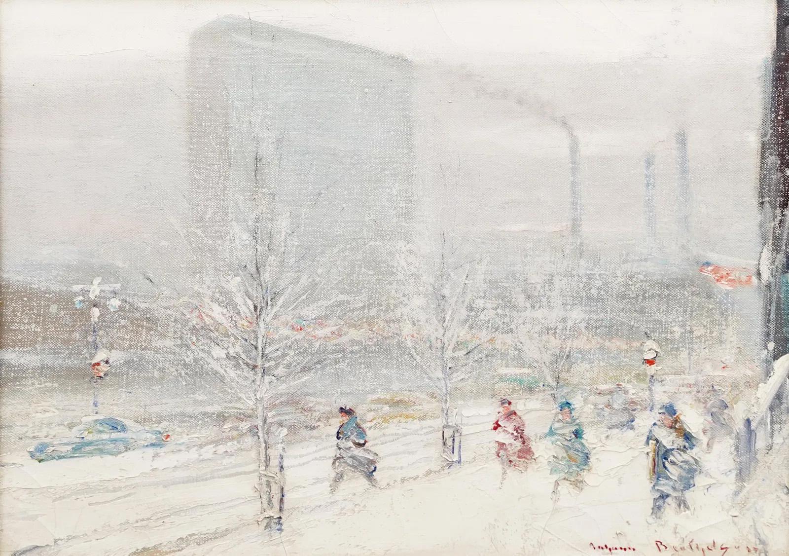 Johann Berthelsen Firmato Edificio ONU Impressionista invernale Scena di strada di New York in vendita 3