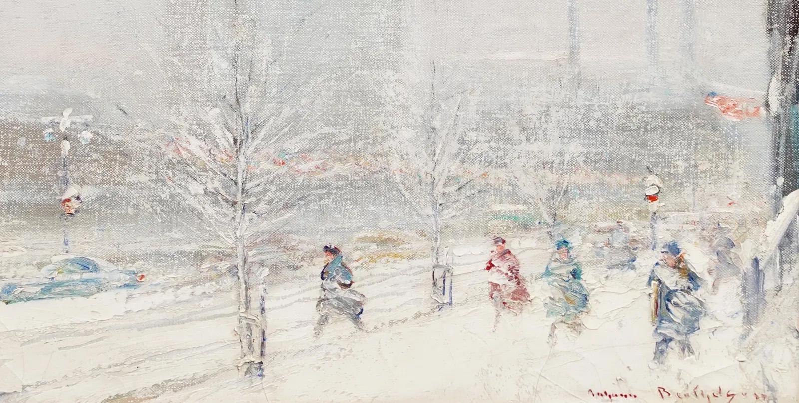 Johann Berthelsen Firmato Edificio ONU Impressionista invernale Scena di strada di New York in vendita 4