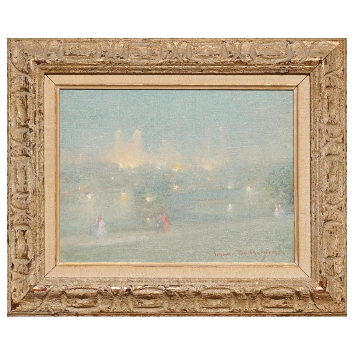 Johann Berthelsen Danish/American, 1883-1972 “The Blue Bridge Central Park” with People hand in hand in the spring or summer dusk with the lights of downtown Manhattan in the background. 
Signed Johann Berthelsen (lr) 
Oil on canvas 
Canvas: 12 x 9 