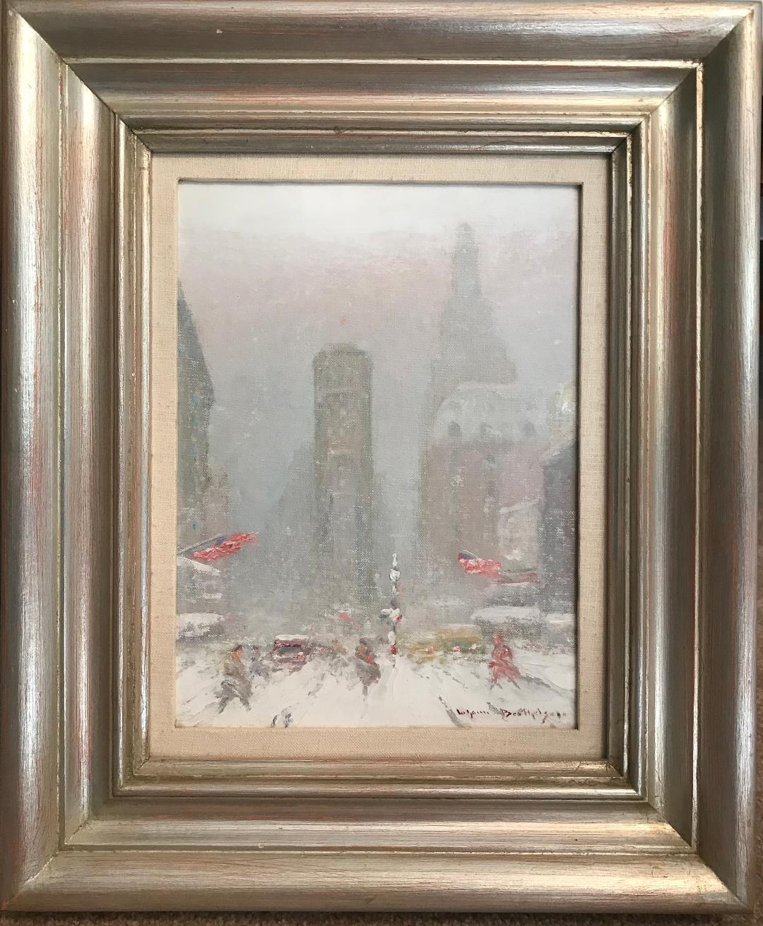 An oil painting on panel by artist Johann Berthelsen that showcases a view of Times Square in the Winter in  New York City. Painting image measure 12 x 9 approximately 16 x 12 framed as is. Has been cleaned and varnished with no known