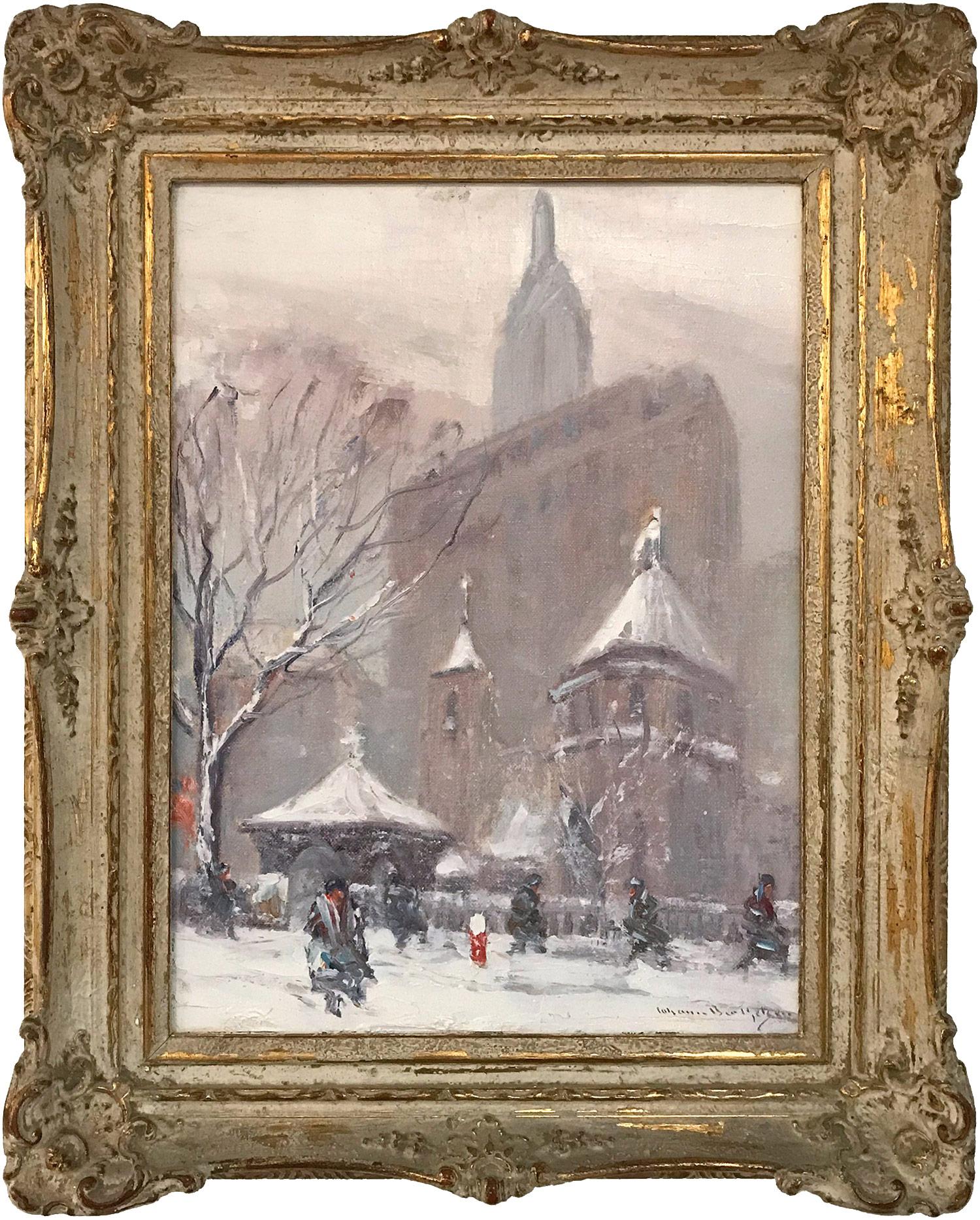 Johann Berthelsen Figurative Painting - "Little Church Around the Corner" Impressionist New York Winter Street Scene