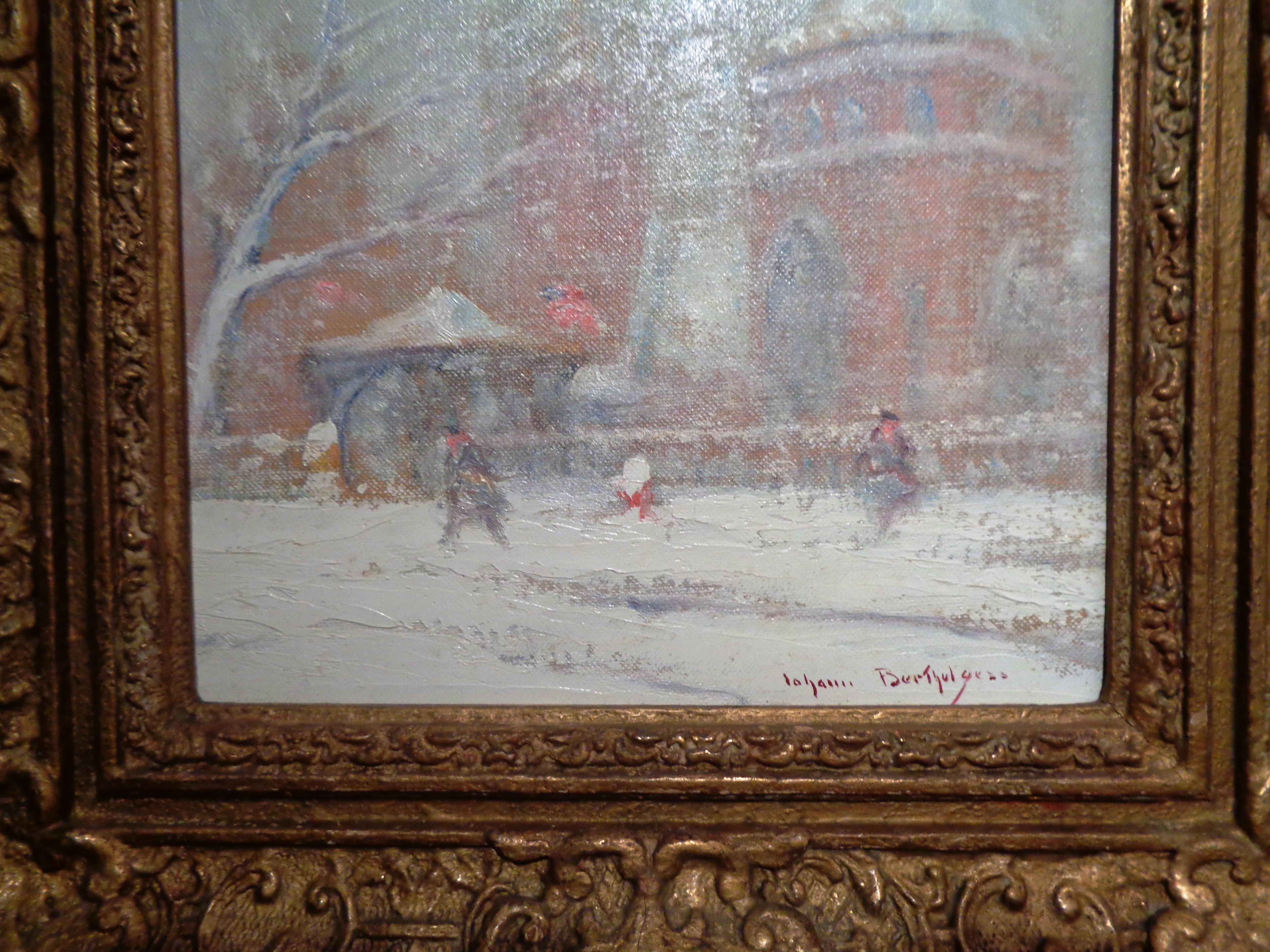 An oil painting on panel by artist Johann Berthelsen that showcases a view of the Little Church around the Corner in  New York City. Painting image measure 12 x 9 approximately 16 x 12 framed  as is. Has been cleaned and varnished.
This painting