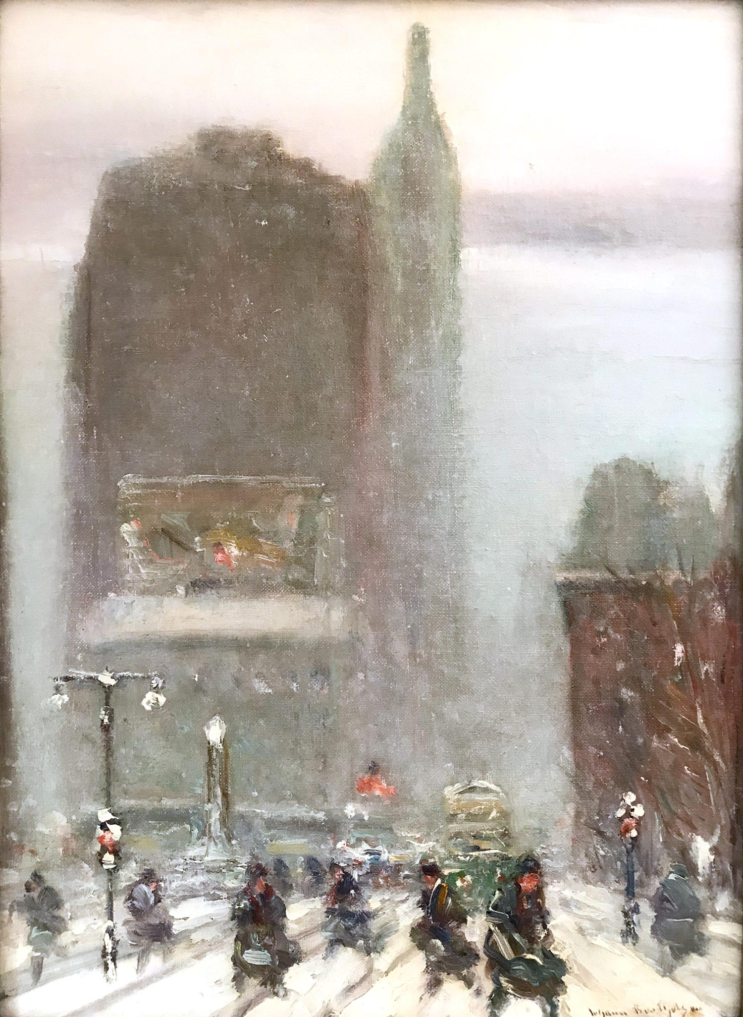 Scène de rue d'hiver impressionniste de Madison Square sur la 5e Avenue et la 23e rue - Painting de Johann Berthelsen