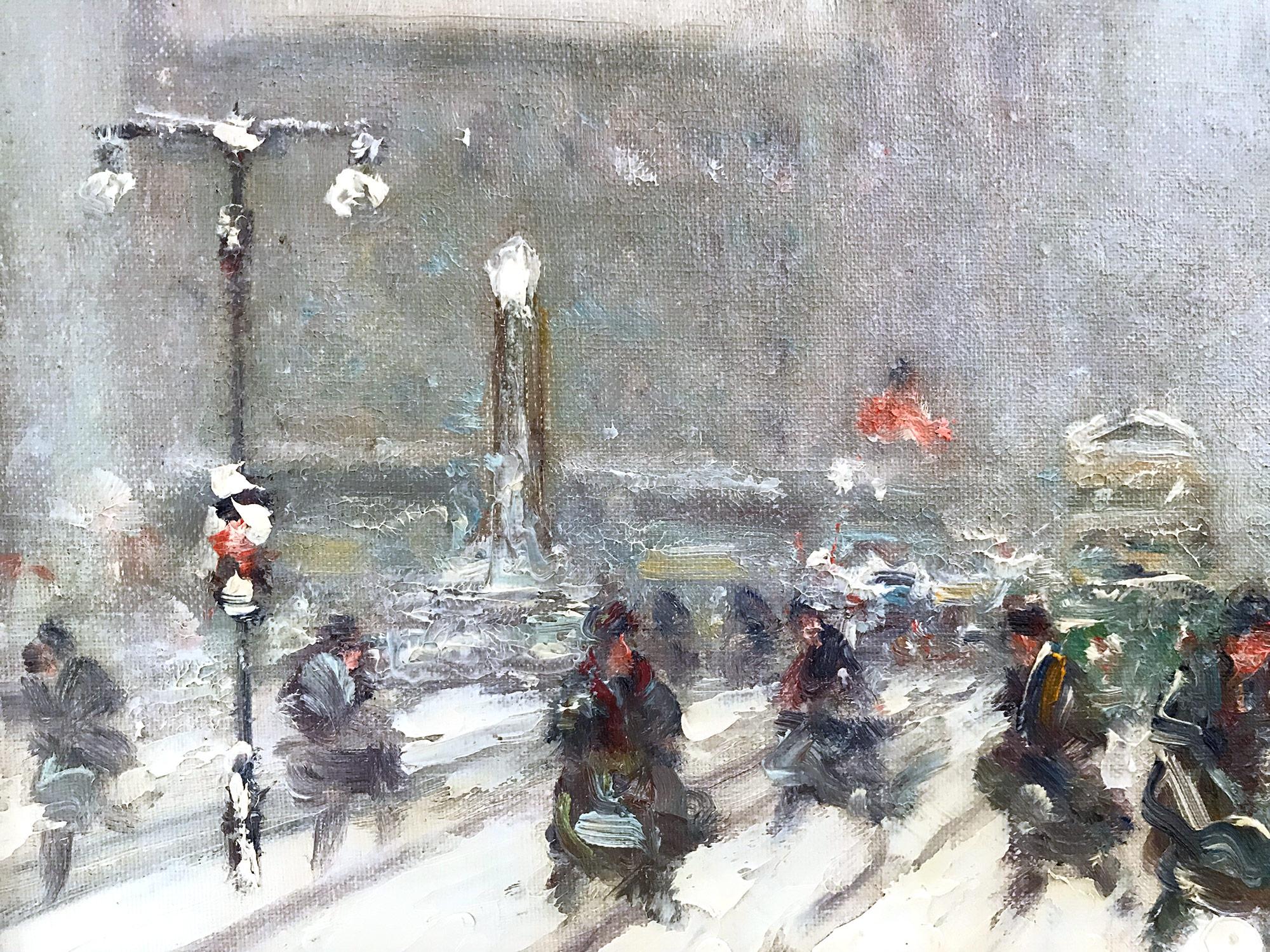 Scène de rue d'hiver impressionniste de Madison Square sur la 5e Avenue et la 23e rue - Beige Figurative Painting par Johann Berthelsen