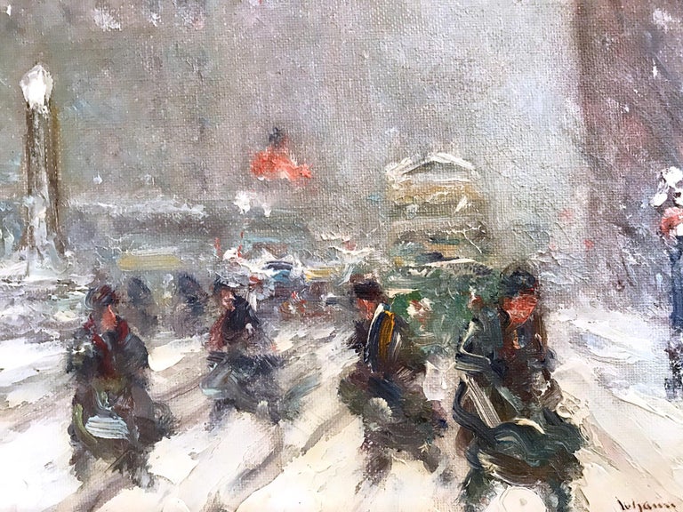 A truly stunning jewel and pertinent example of Berthelsen's charming New York City winter scenes. depicting 
