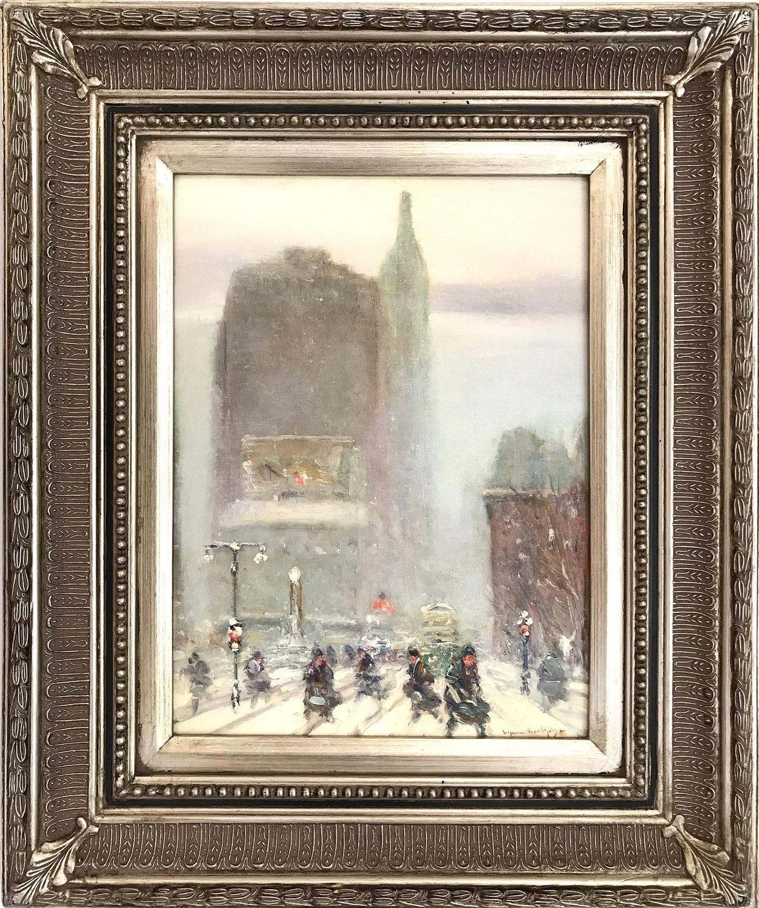 Figurative Painting di Johann Berthelsen - "Madison Square sulla 5th Avenue e la 23rd Street" Scena di strada invernale impressionista