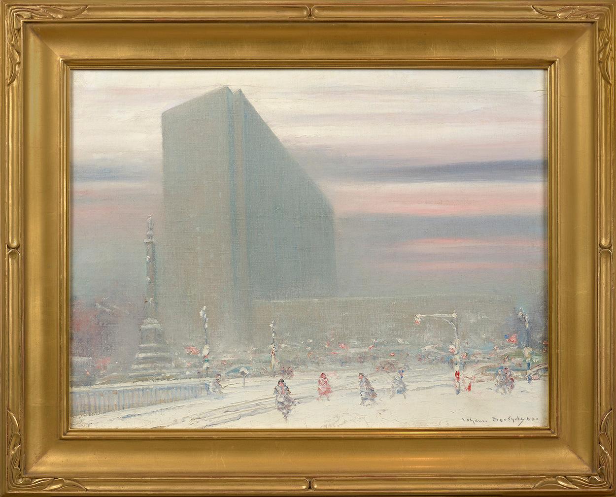 Johann Berthelsen paints a number of pedestrians walking along a snowy New York City street in front of an impressive building in his artwork entitled, “New York Coliseum”
