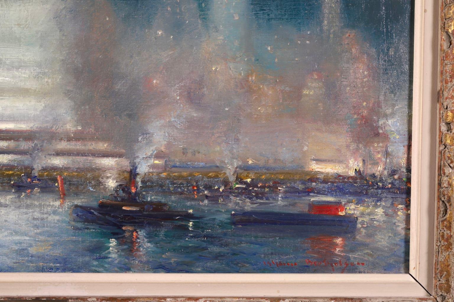 New York - Impressionist Oil, Night Riverscape by Johann Henrik Carl Berthelsen For Sale 10