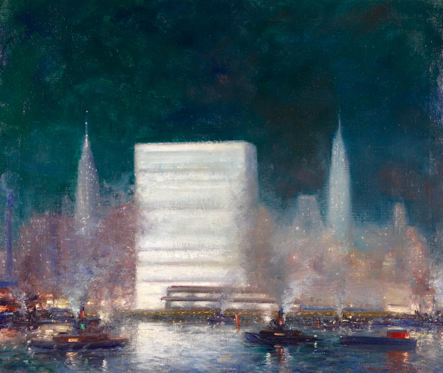 New York - Impressionist Oil, Night Riverscape by Johann Henrik Carl Berthelsen - Painting by Johann Berthelsen