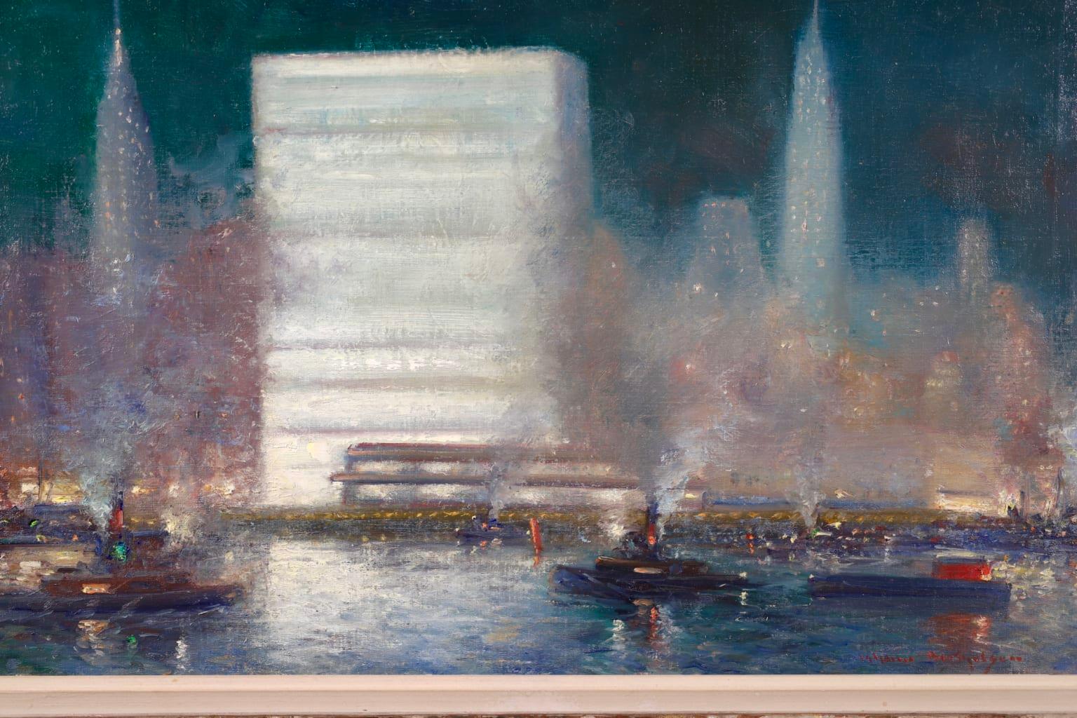 A stunning oil on canvas circa 1955 by American impressionist painter Johann Henrik Carl Berthelsen. The piece depicts a view of the illuminated waterfront buildings from the East River in New York - specifically the newly completed United Nations