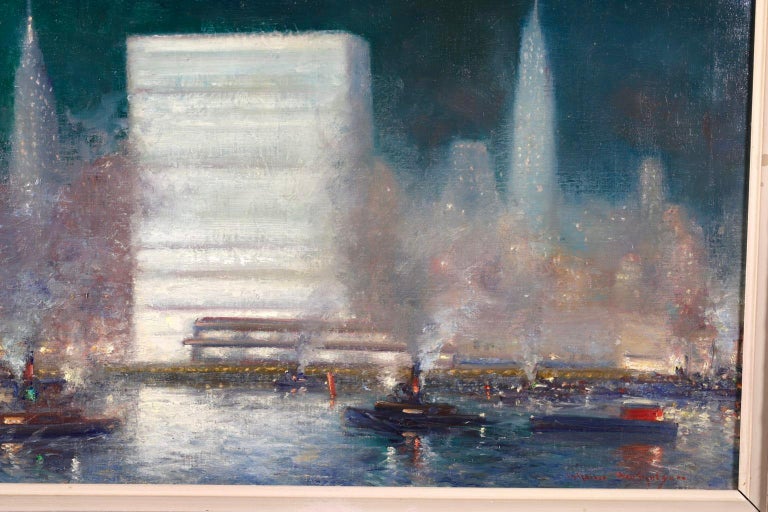 New York - Impressionist Oil, Night Riverscape by Johann Henrik Carl Berthelsen For Sale 1