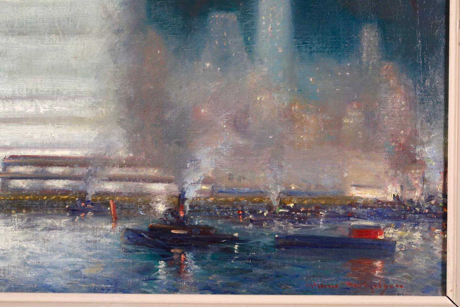 New York - Impressionist Oil, Night Riverscape by Johann Henrik Carl Berthelsen For Sale 4