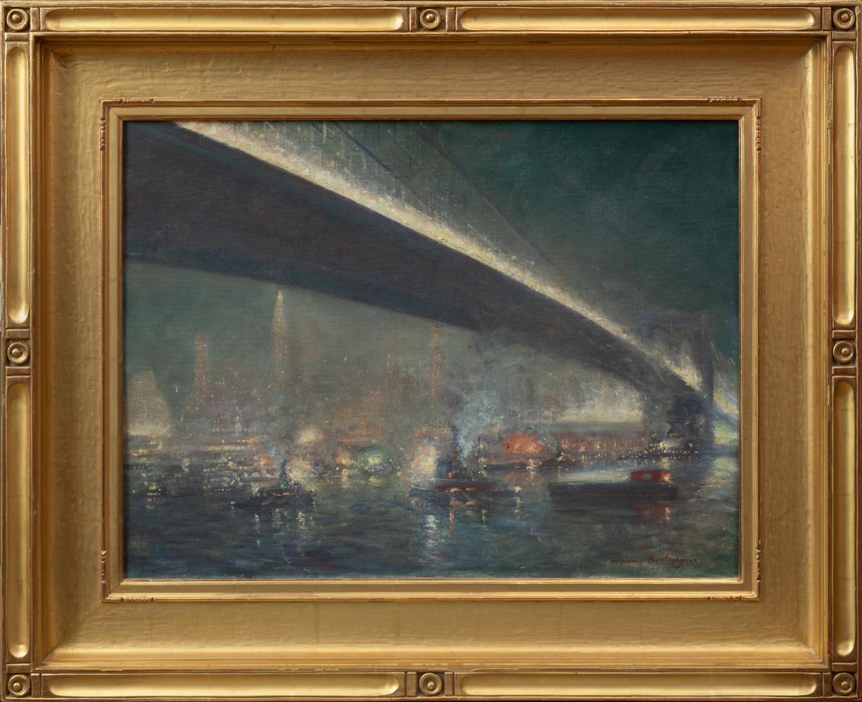 In his oil painting, “Nocturne,” Johann Berthelsen paints the Brooklyn Bridge from below at night, while New York lights shine from across the river and boats pass underneath the bridge. 
