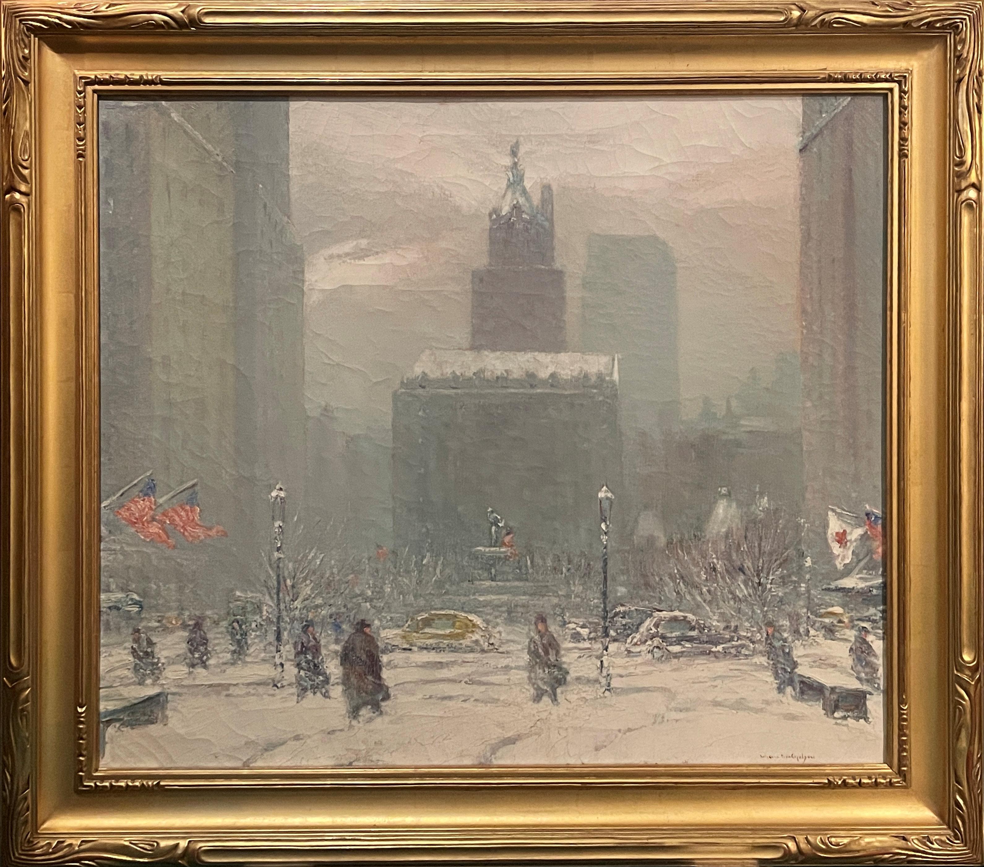 « Plaza Hotel in Winter » Johann Berthelsen, scène de neige de la ville de New York, paysage urbain en vente 1