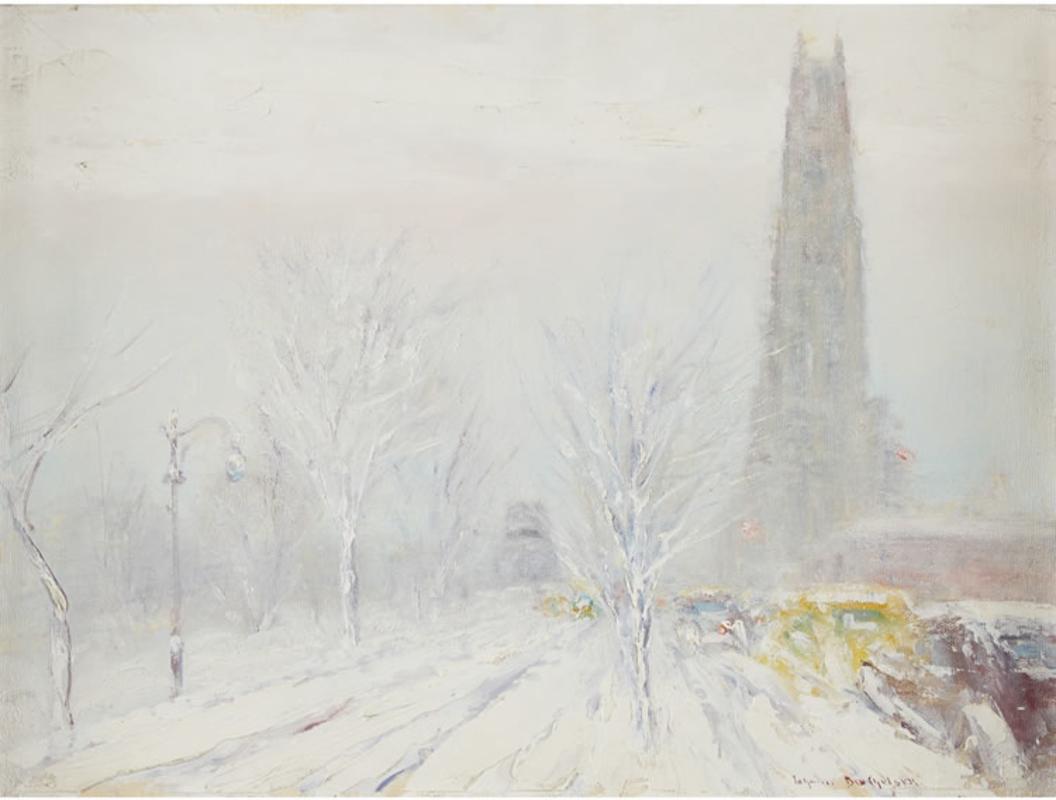 Johann Berthelsen (1883 - 1972)
Riverside Church, Looking North on Riverside Drive
Oil on canvasboard
12 x 16 inches
Signed lower right

He was born in Copenhagen in 1883, the 7th of seven sons, to Conrad and Dorothea Karen Berthelsen. The parents