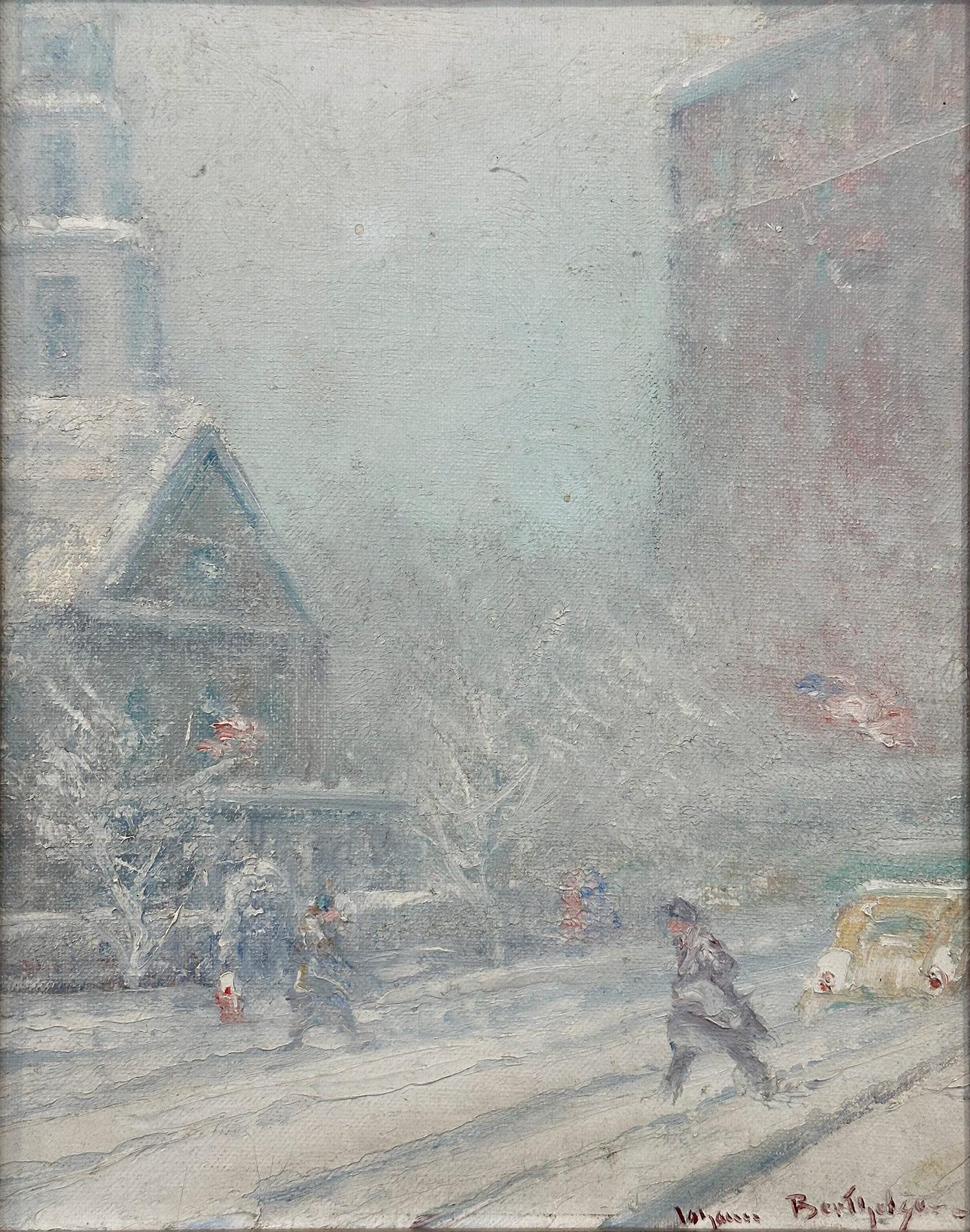 « Saint Paul's Chapel » - Scène de rue d'hiver impressionniste dans le Lower Manhattan NYC - Painting de Johann Berthelsen