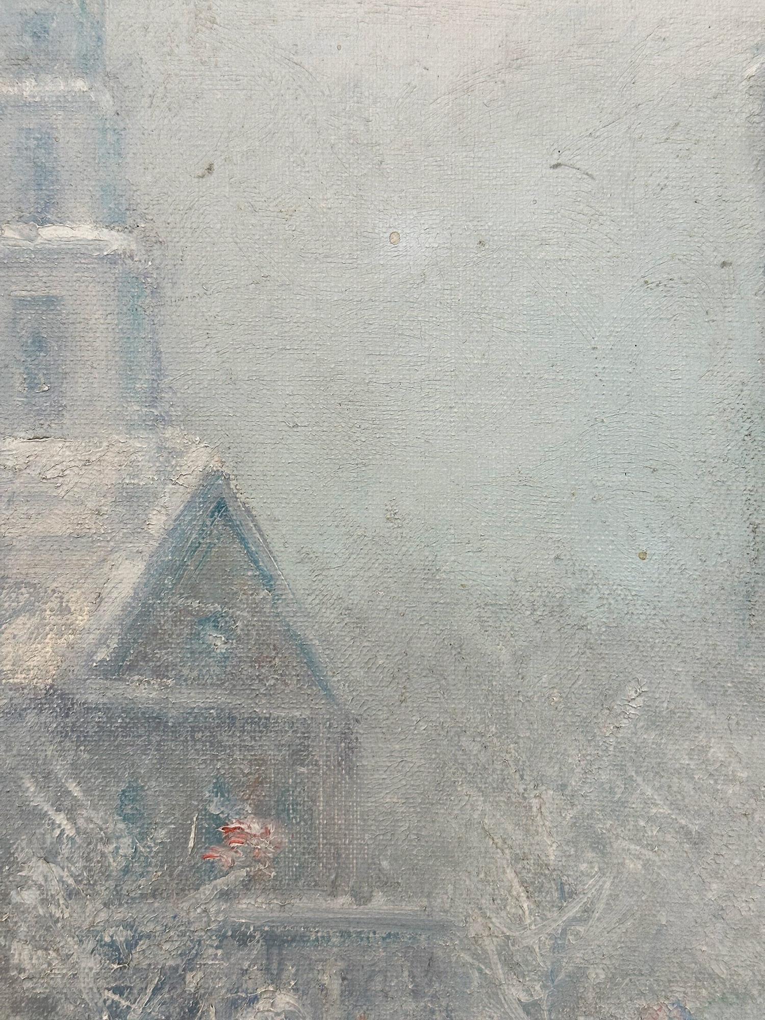 A stunning and pertinent example of Berthelsen's charming New York City winter scenes depicting Saint Paul's Chapel in the snow. It was built in 1766 as the chapel building of Trinity Church, located at 209 Broadway, between Fulton Street and Vesey
