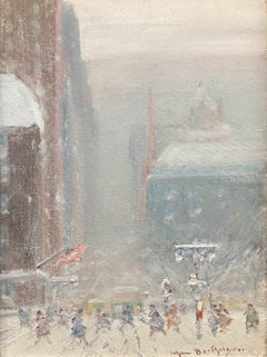 "Snow Storm, 5th Ave-New York" Impressionist Winter Street Scene Oil on Canvas