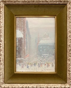 "Snow Storm, 5th Ave-New York" Impressionist Winter Street Scene Oil on Canvas