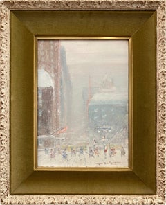 Retro "Snow Storm, 5th Ave-New York" Impressionist Winter Street Scene Oil on Canvas