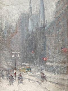 "St. Patrick's Cathedral" Impressionist Snow Street Scene Oil on Canvas Board