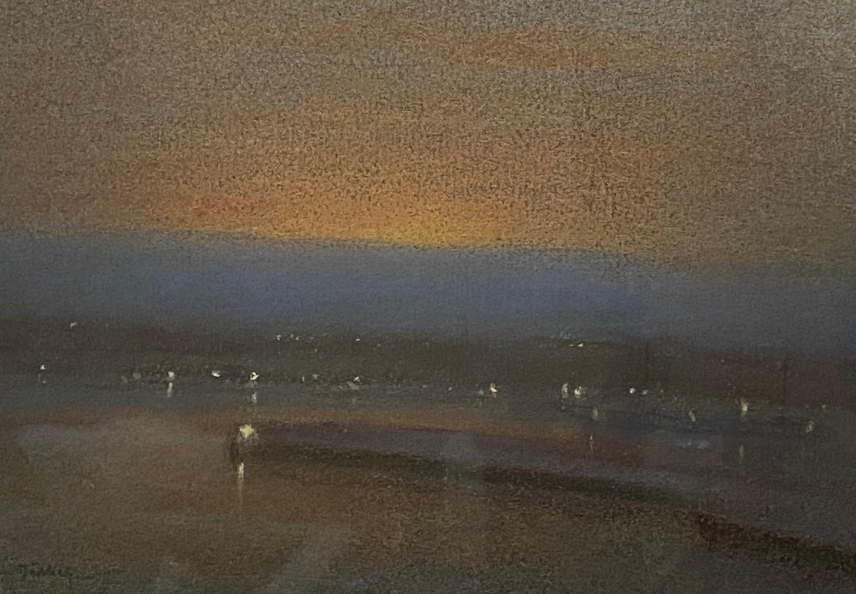 Sunset River - Beige Landscape Painting par Johann Berthelsen