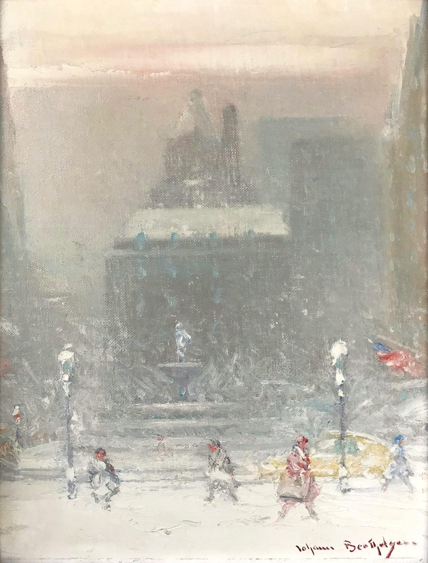 Impressionistische Winterstraßensszene, Öl auf Leinwand, „The Grand Army Plaza in Winter“ – Painting von Johann Berthelsen
