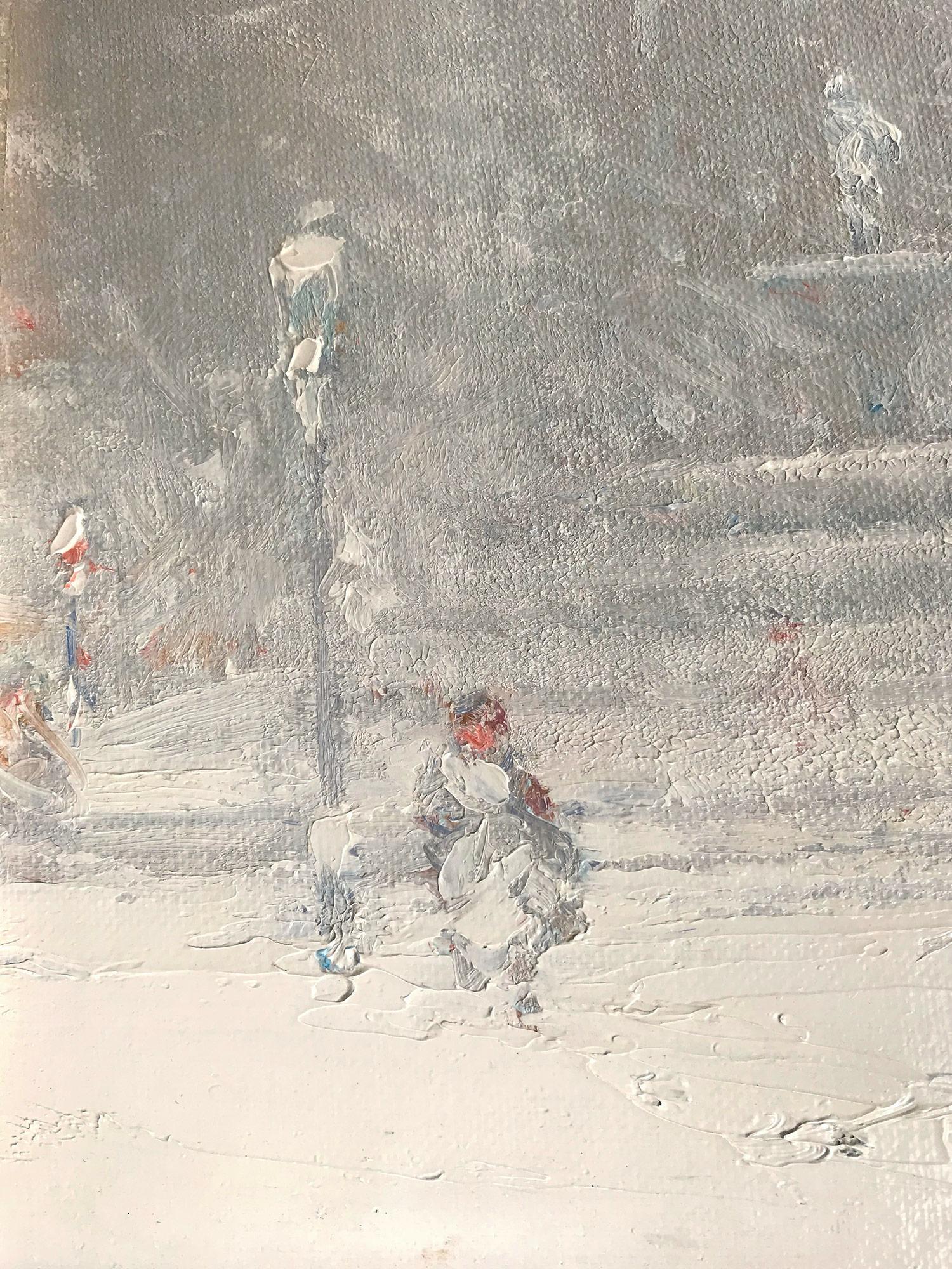A wonderful and pertinent example of Berthelsen's charming New York City winter scenes depicting The Grand Army Plaza at the entrance to Central Park, anchored by the bronze statue of Union Gen. William T. Sherman and also the Plaza Hotel on the