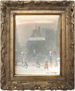 Vintage "The Grand Army Plaza in Winter" Impressionist Winter Street Scene Oil on Canvas