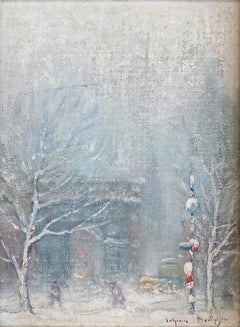 "Washington Square Park" Impressionist Snow Street Scene Oil on Canvas on Board