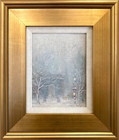 "Washington Square Park" Impressionist Snow Street Scene Oil on Canvas on Board