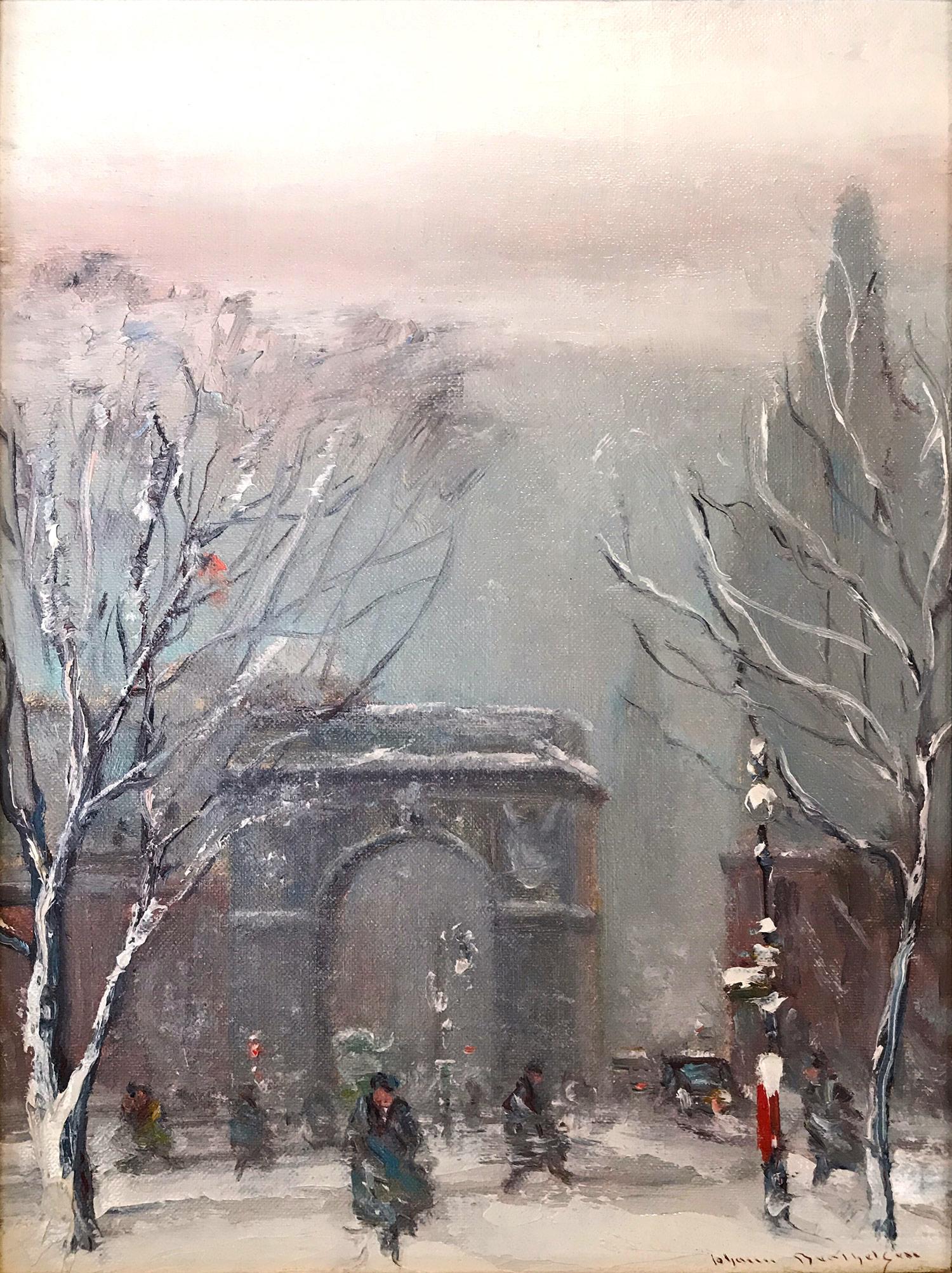 Washington Square Park, Impressionist Winter Street Scene - Painting by Johann Berthelsen