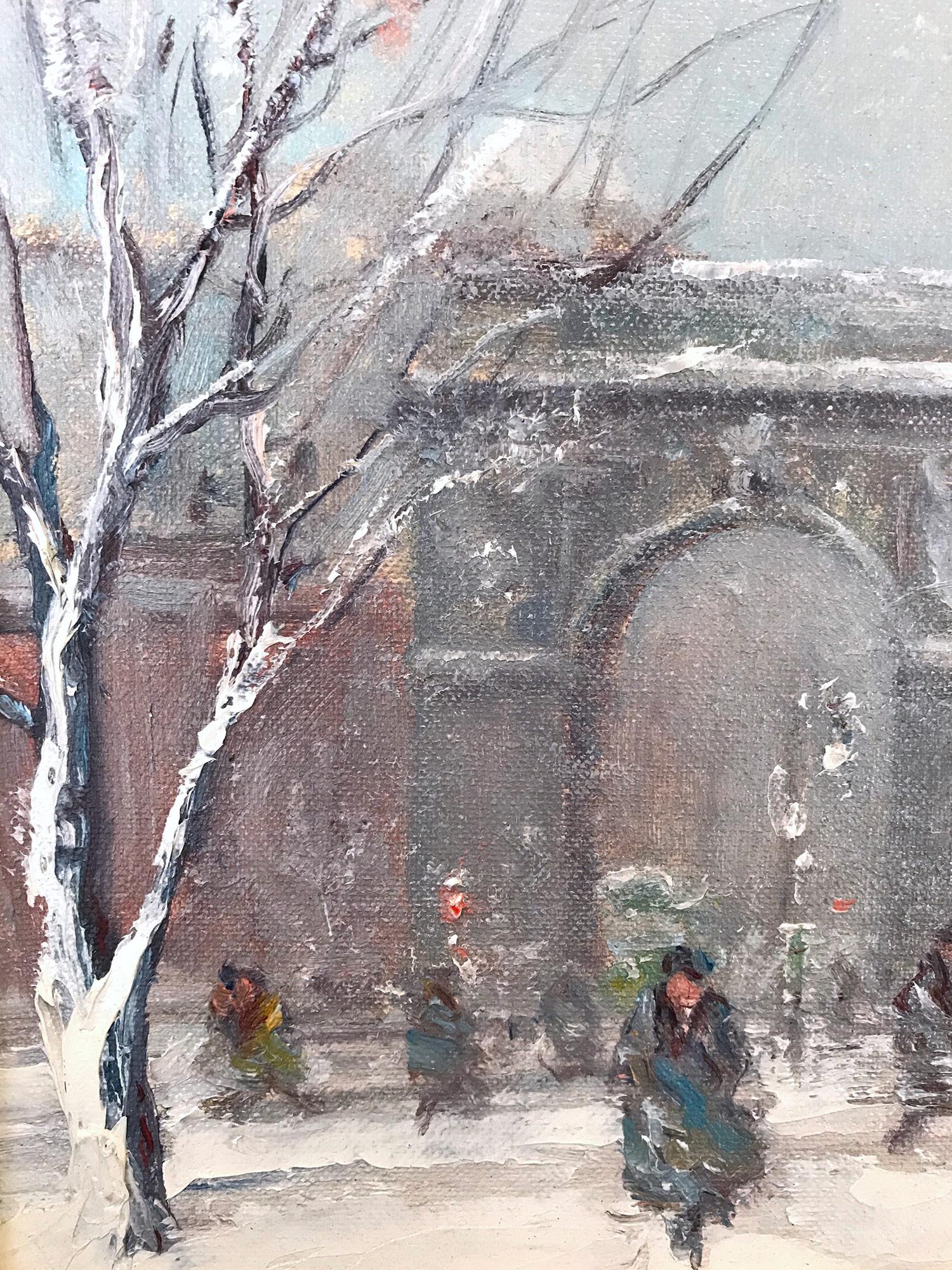 Washington Square Park, Impressionist Winter Street Scene - Brown Figurative Painting by Johann Berthelsen