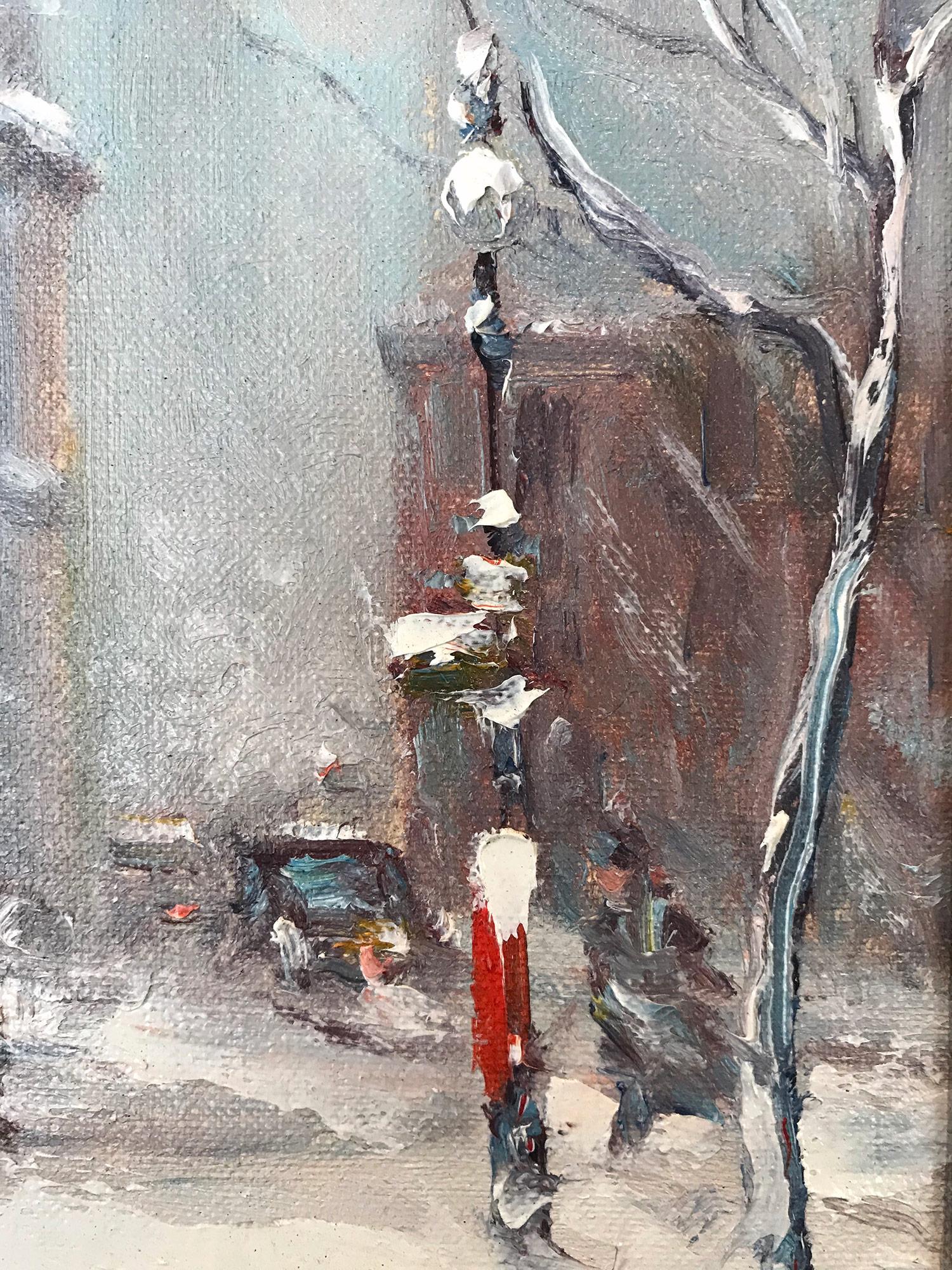 A truly stunning jewel and pertinent example of Berthelsen's charming New York City winter scenes depicting Washington Square Park in the snow. An iconic scene that so many have come to love and cherish. The artist was truly a master at capturing
