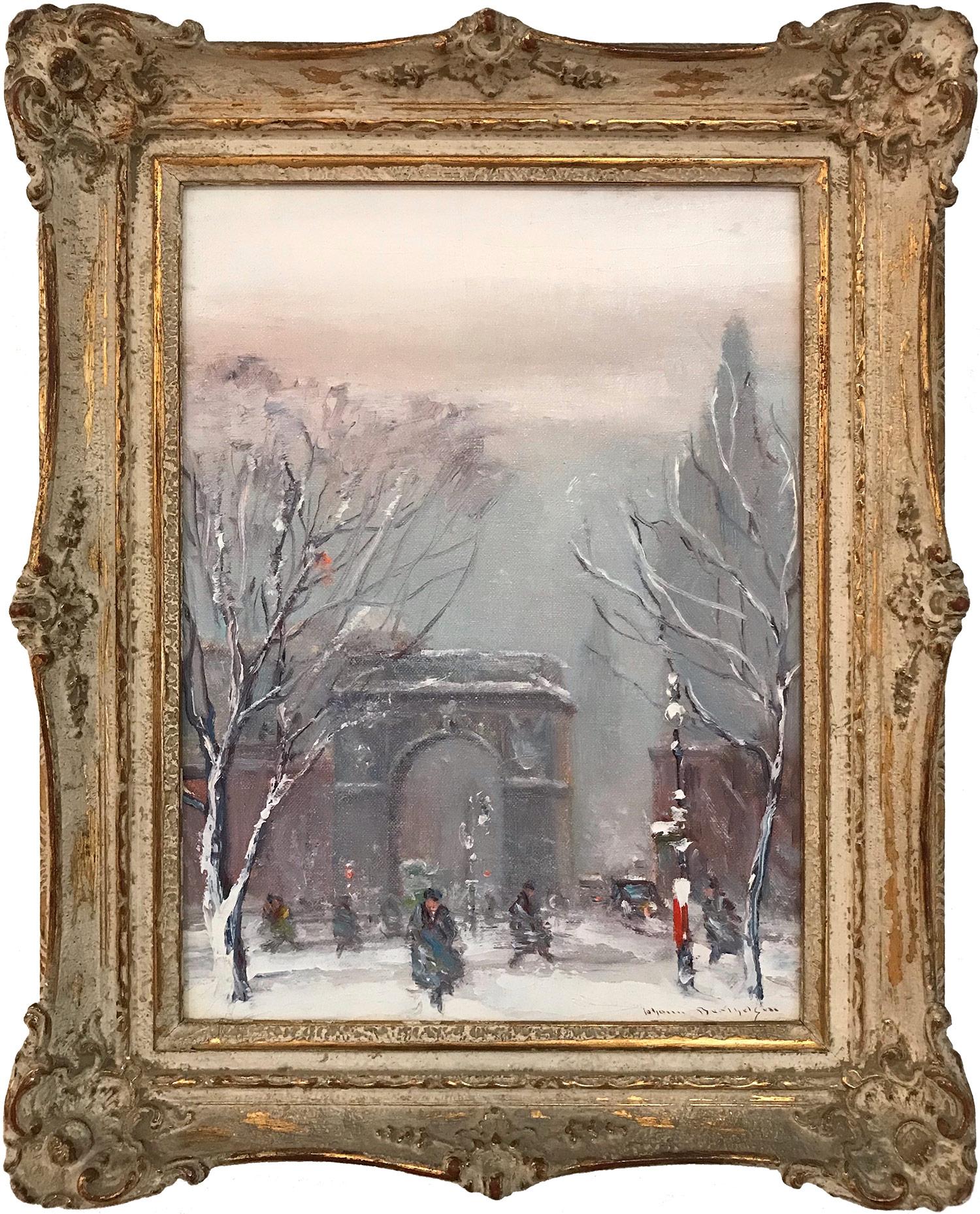 Johann Berthelsen Figurative Painting - Washington Square Park, Impressionist Winter Street Scene