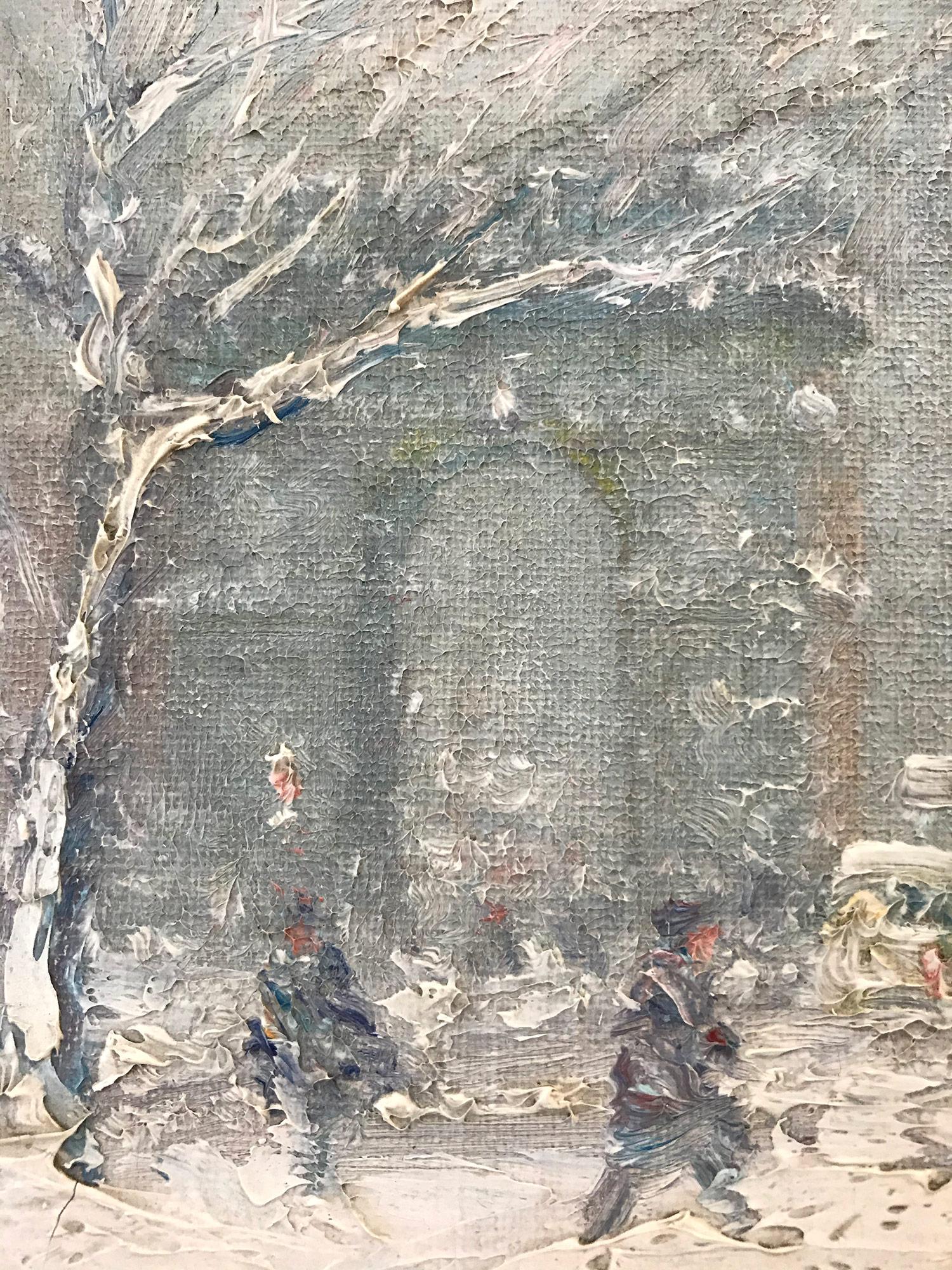 A stunning and pertinent example of Berthelsen's charming New York City winter scenes depicting Washington Square Park in the snow. An iconic scene that so many have come to love and cherish. The artist was truly a master of capturing New York in