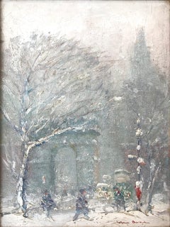 "Washington Square Park" Impressionist Winter Street Scene Oil on Canvas Board