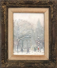 "Washington Square Park" Impressionist Winter Street Scene Oil on Canvas Board 