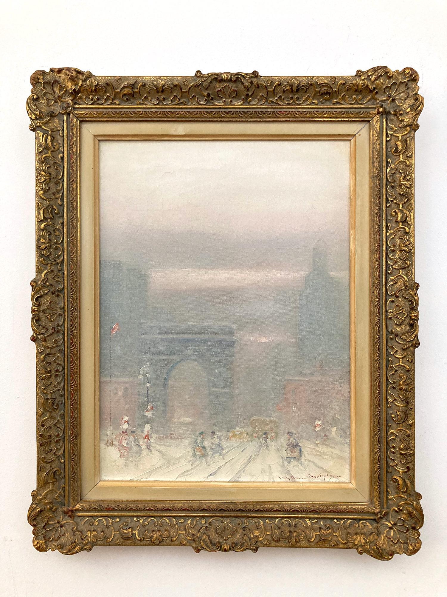 Impressionistische Winterstraßensszene, Öl auf Leinwand,Washington Square Park in Schnee im Angebot 13