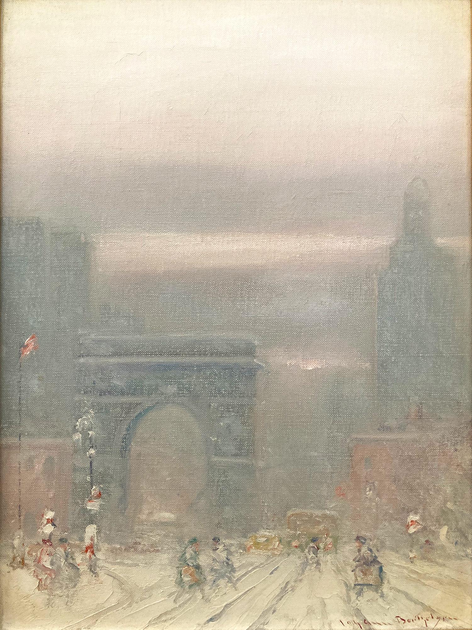 Impressionistische Winterstraßensszene, Öl auf Leinwand,Washington Square Park in Schnee – Painting von Johann Berthelsen